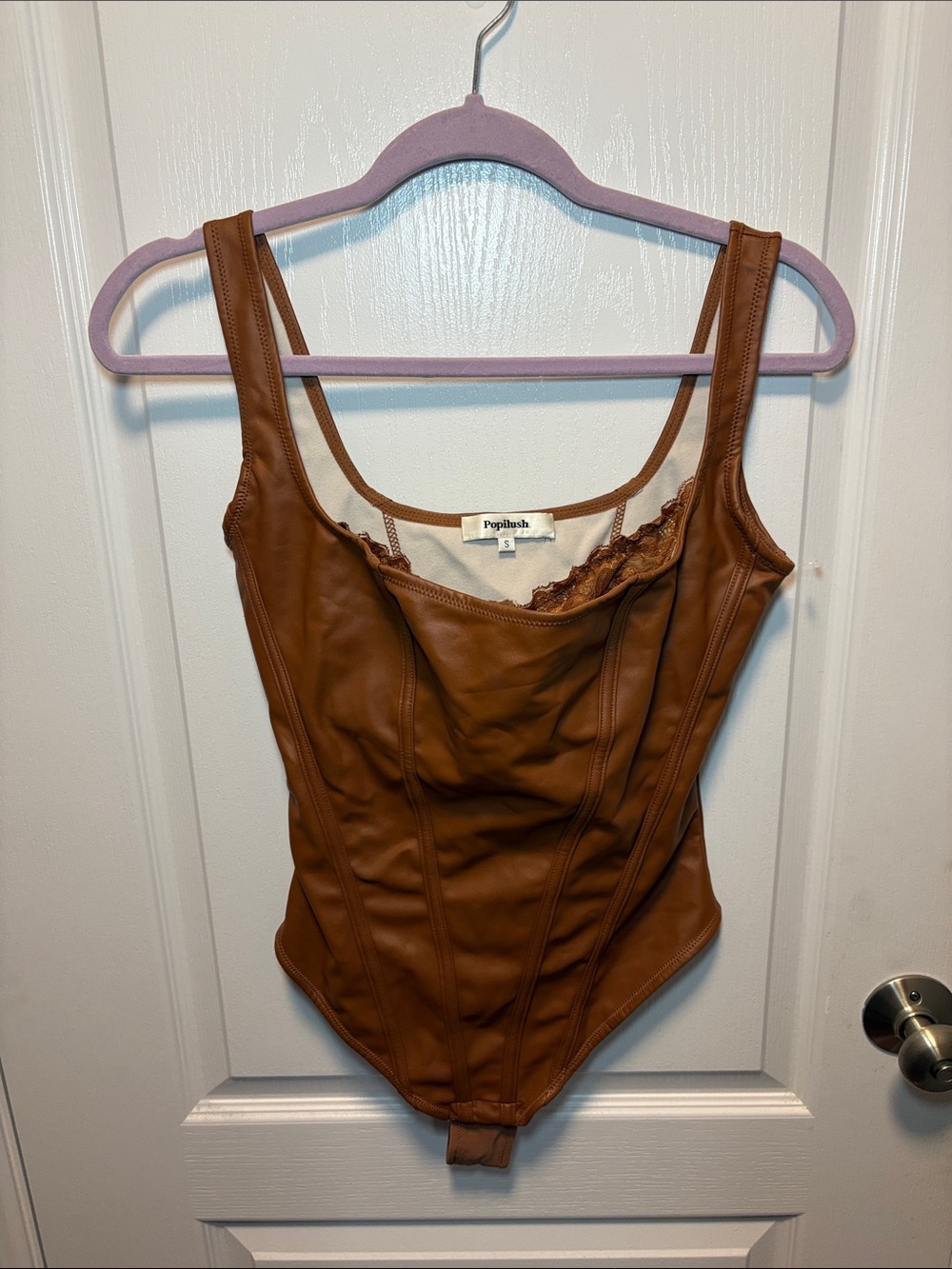 Popilush Brown Faux-Leather Women's Bodysuit